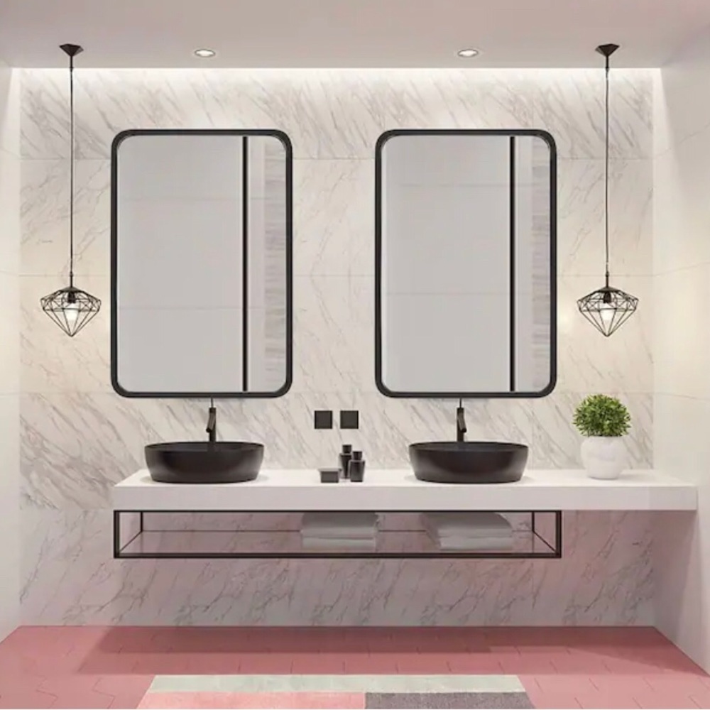 22 in. W x 30 in. H Rounded Corner Rectangular, Framed Mirror,Brush Black Metal